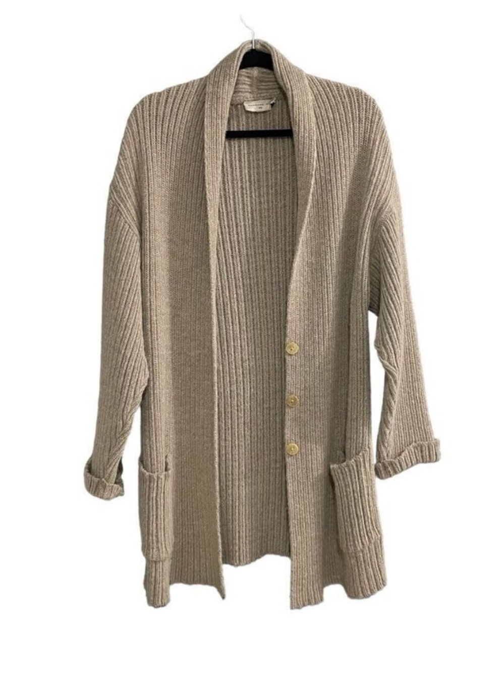 BARBARA BUI Wool Ribbed Long Button Front Cardigan Sweater Tan L